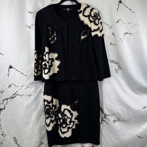 St. John Knit Dress 2-Piece Set Ruffled Floral Design Bolero 3/4 Sleeve Jacket